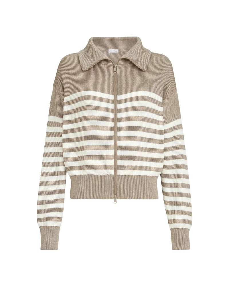 Brunello Cucinelli Sparkling Cotton Striped English Rib Cardigan With Zipper And Monili Neutrals
