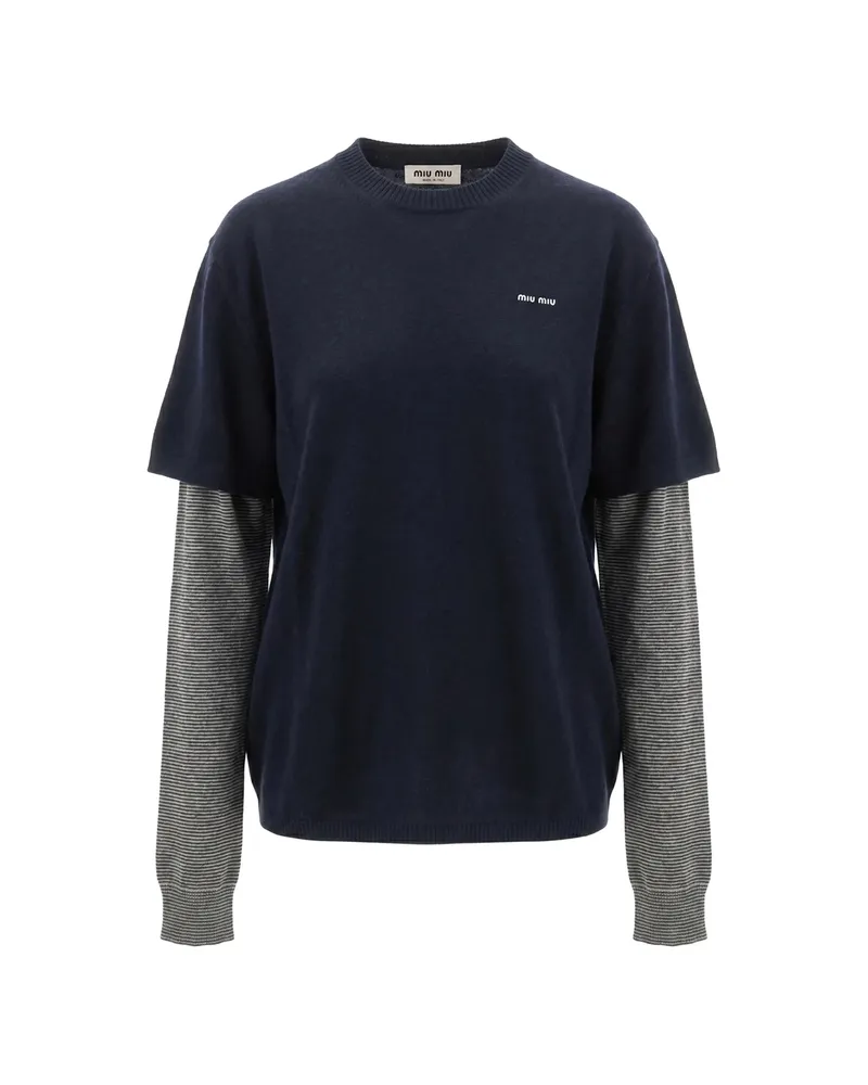 Miu Miu Layered-sleeve Logo-embroidered Sweater Blue