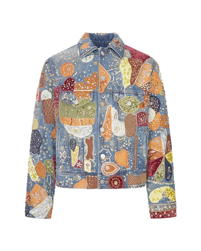 Amiri Embroidered Crystal-embellished Denim Jacket Blue