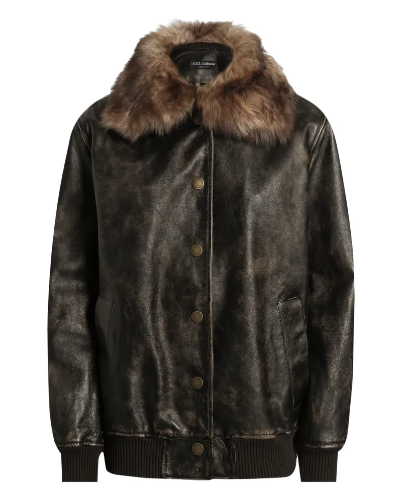 Dolce & Gabbana Leather Bomber Jacket Brown
