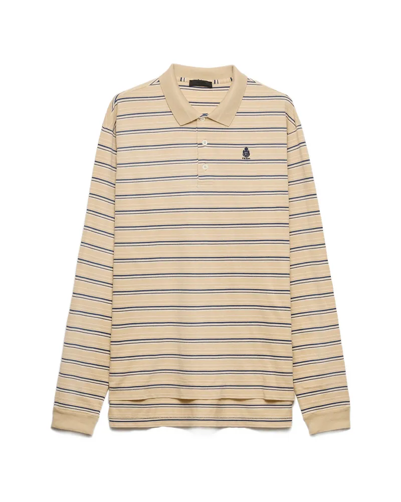 Prada Striped Cotton Piqué Polo Shirt Neutrals