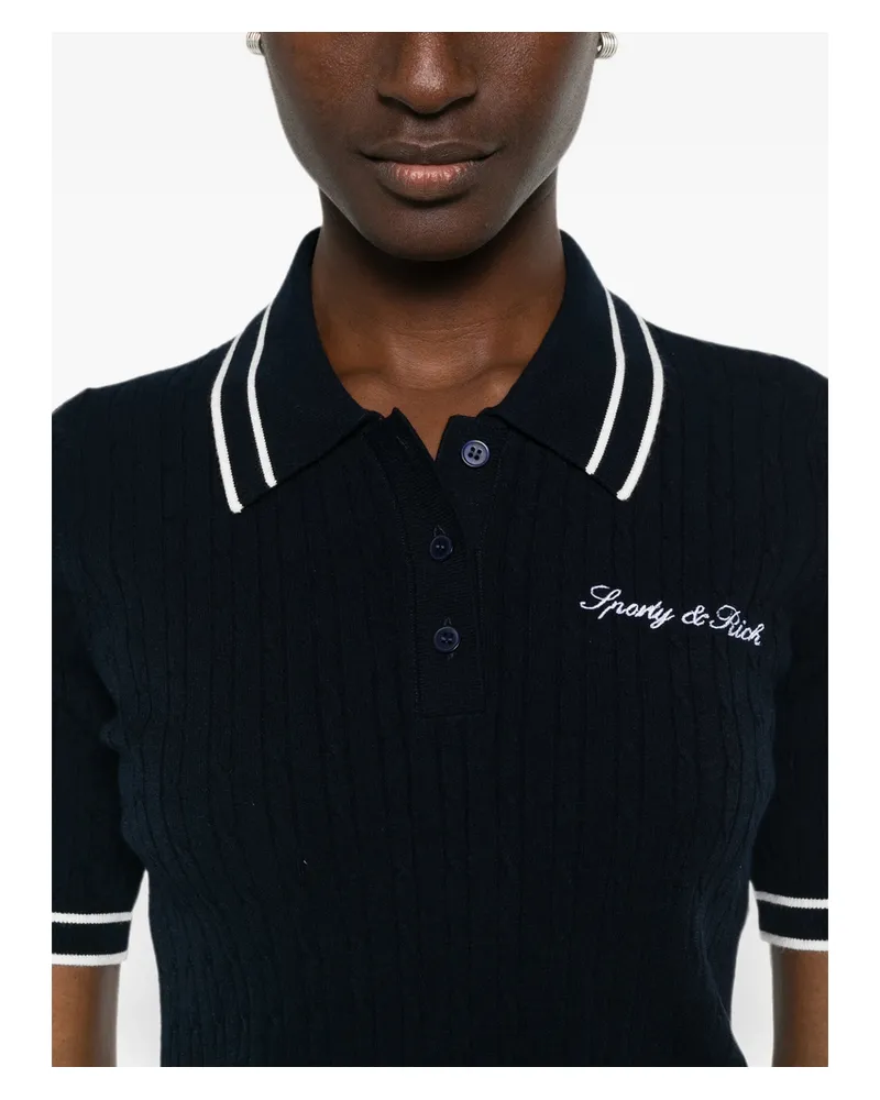 SPORTY & RICH Cable-knit Logo-embroidered Polo Shirt Blue