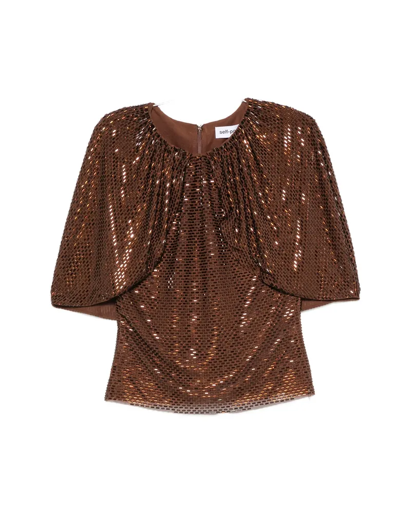 Self-Portrait Sequin-embellished Gathered Top Brown