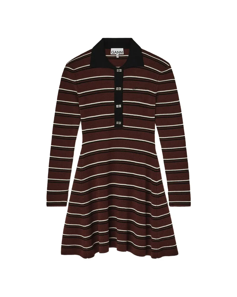 Ganni Polo Dress In Striped Merino Brown
