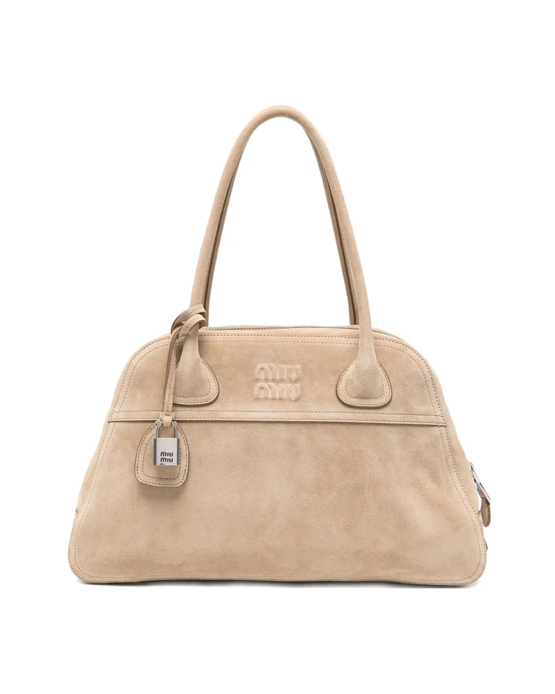 Miu Miu Logo-embossed Suede Tote Bag Neutrals