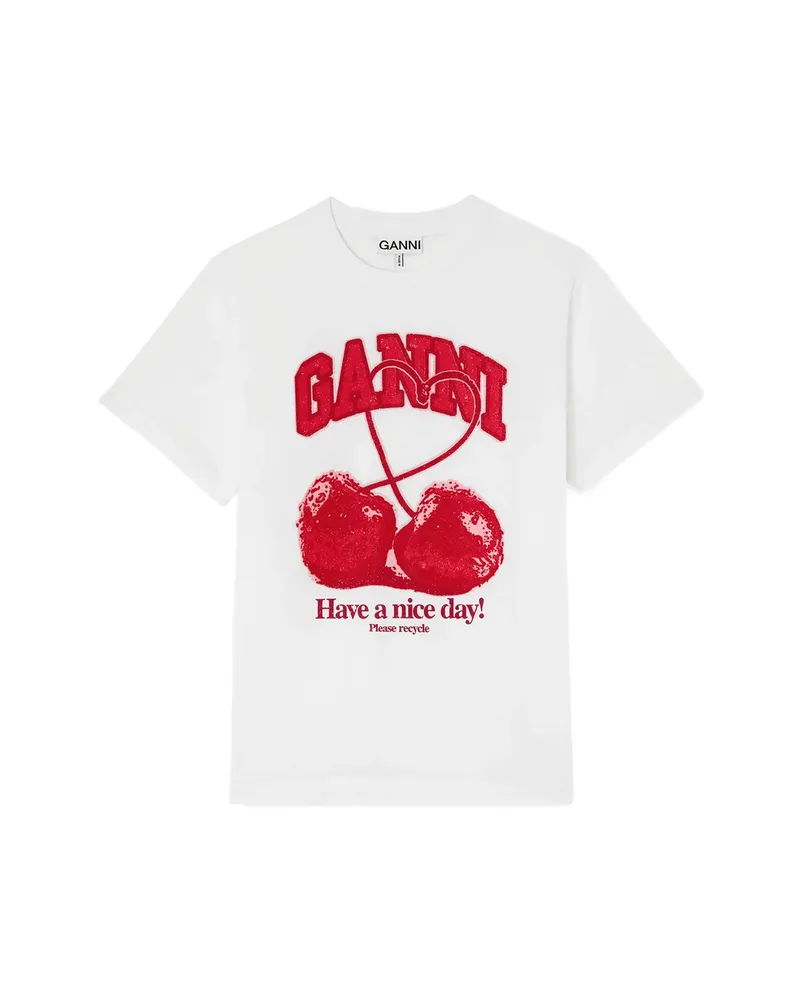 Ganni Bead-embellished Chery-print T-shirt White