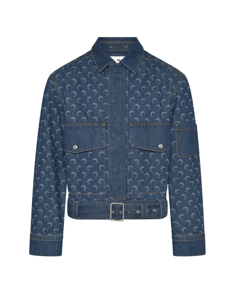 Marine Serre Belted Moon-print Denim Jacket Blue