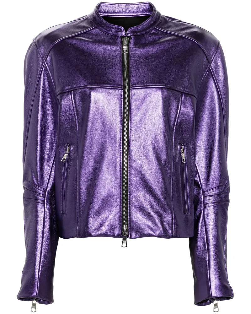 LaQuan Smith Metallic Leather Bomber Jacket Purple