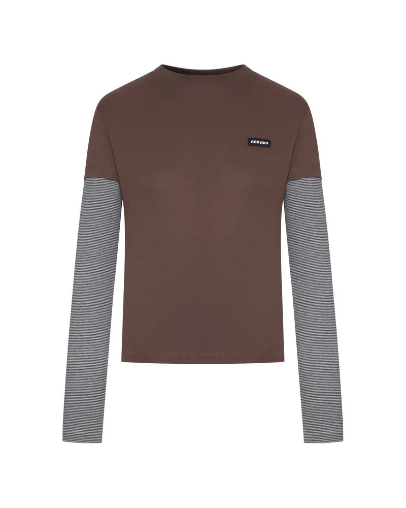 Miu Miu Striped-sleeve Logo-patch T-shirt Brown