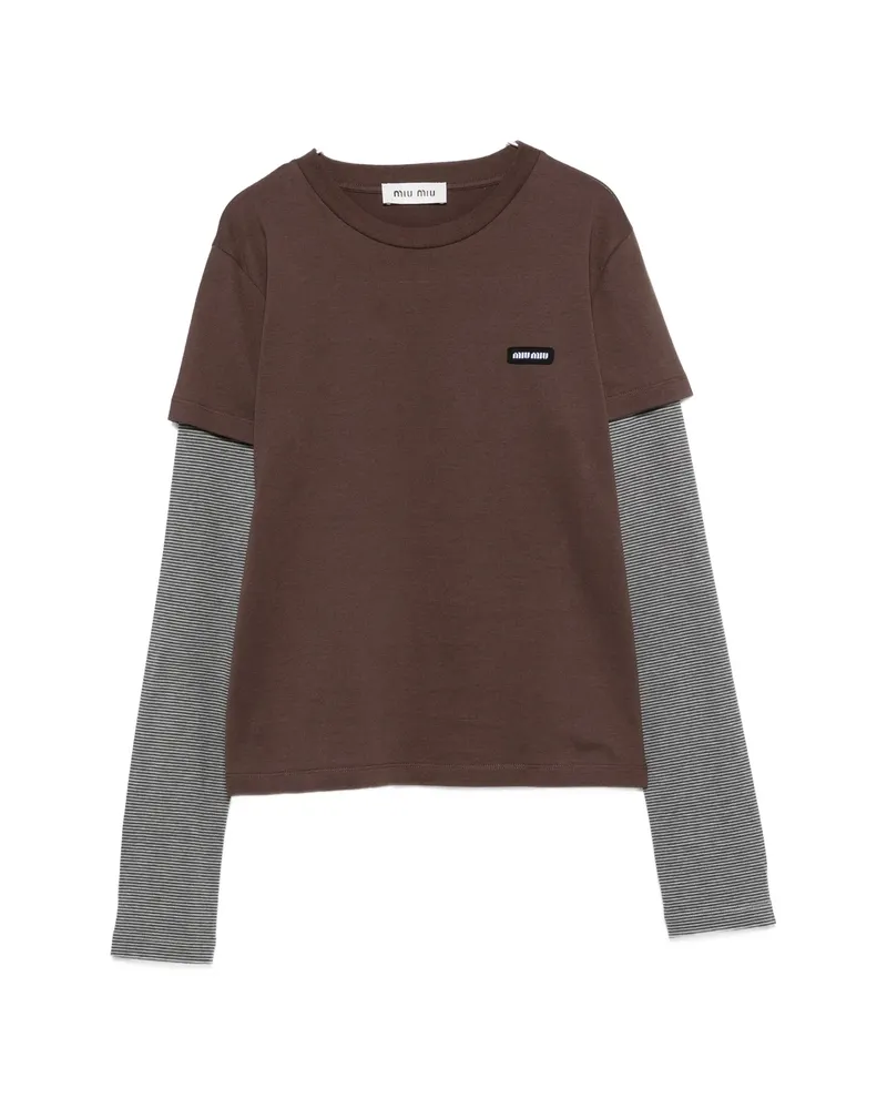 Miu Miu Striped-sleeve Logo-patch T-shirt Brown