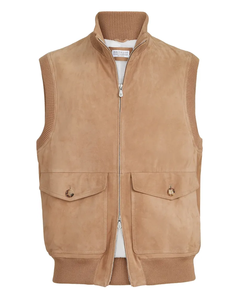 Brunello Cucinelli Suede Padded Gilets Neutrals