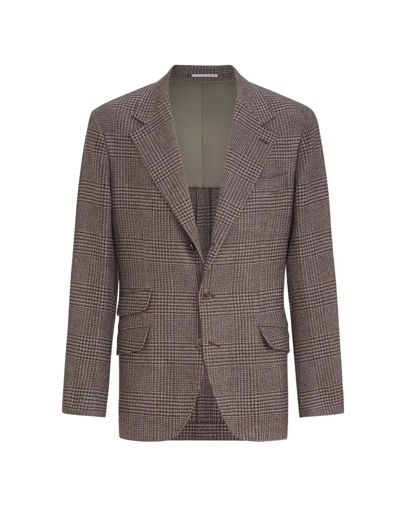 Brunello Cucinelli Comfort Wool And Cashmere Prince Of Wales Flannel Deconstructed Cavallo Blazer Brown