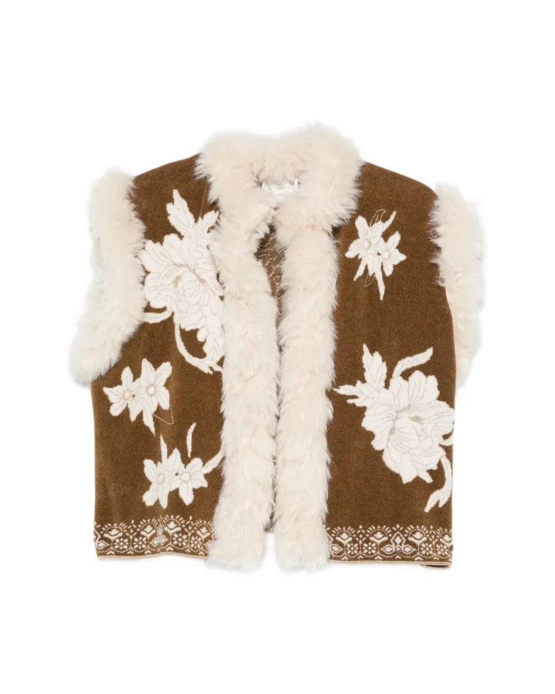 forte_forte Floral-intarsia Shearling-trim Jacket Brown