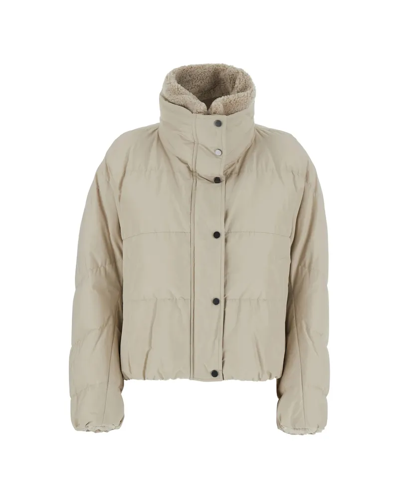 Brunello Cucinelli Techno Cotton Taffeta Down Jacket With Detachable Shearling Insert And Monili Neutrals
