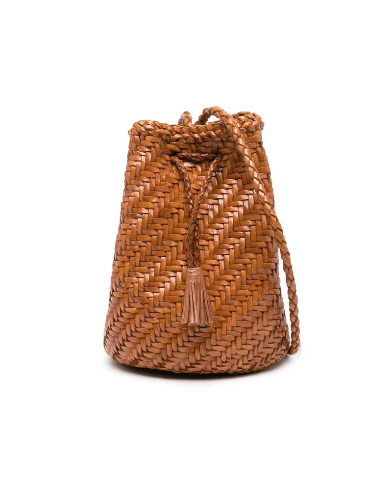 Dragon Diffusion Pompom Woven Bucket Bag Brown
