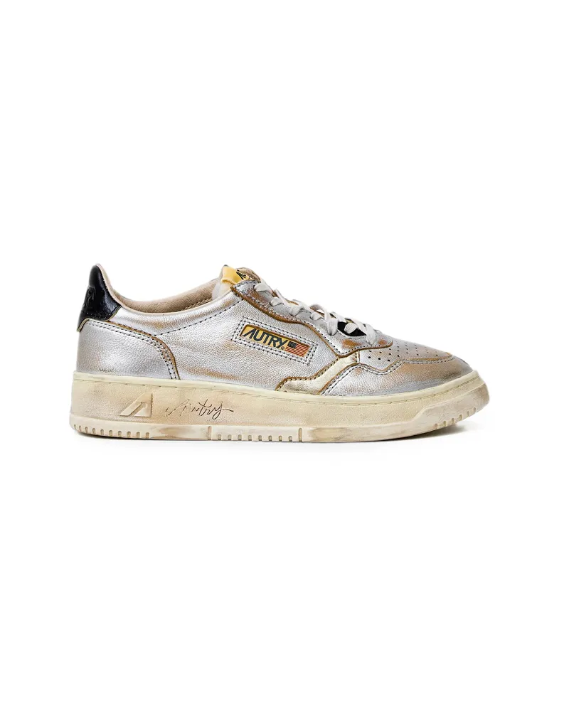 AUTRY Sneakers Super Vintage Low In Pelle Laminata Argento, Platino, Nero Silver