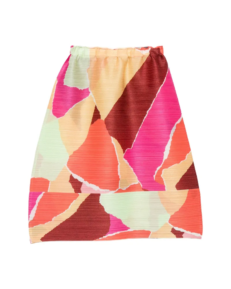 Issey Miyake Pleated Abstract-print Skirt Orange