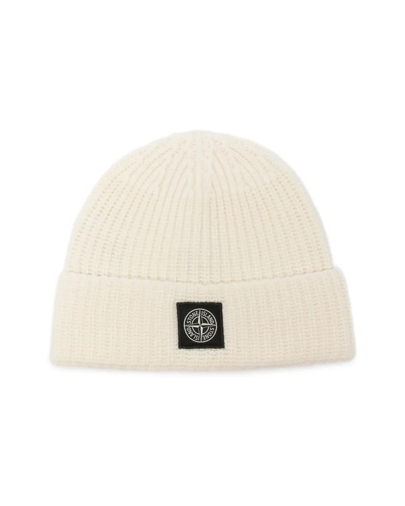 Stone Island Logo-patch Ribbed-knit Beanie Hat Neutrals