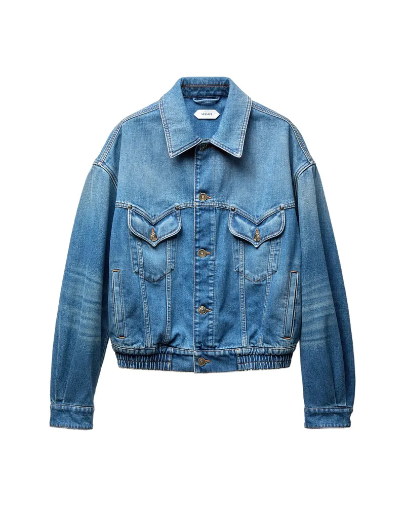 Versace Point Collar Medusa Cotton Denim Jacket Blue