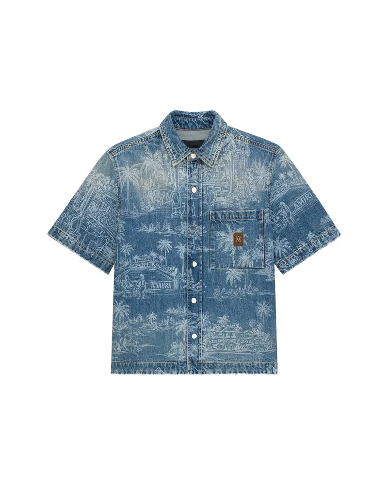 Amiri Palms-print Denim Shirt Blue