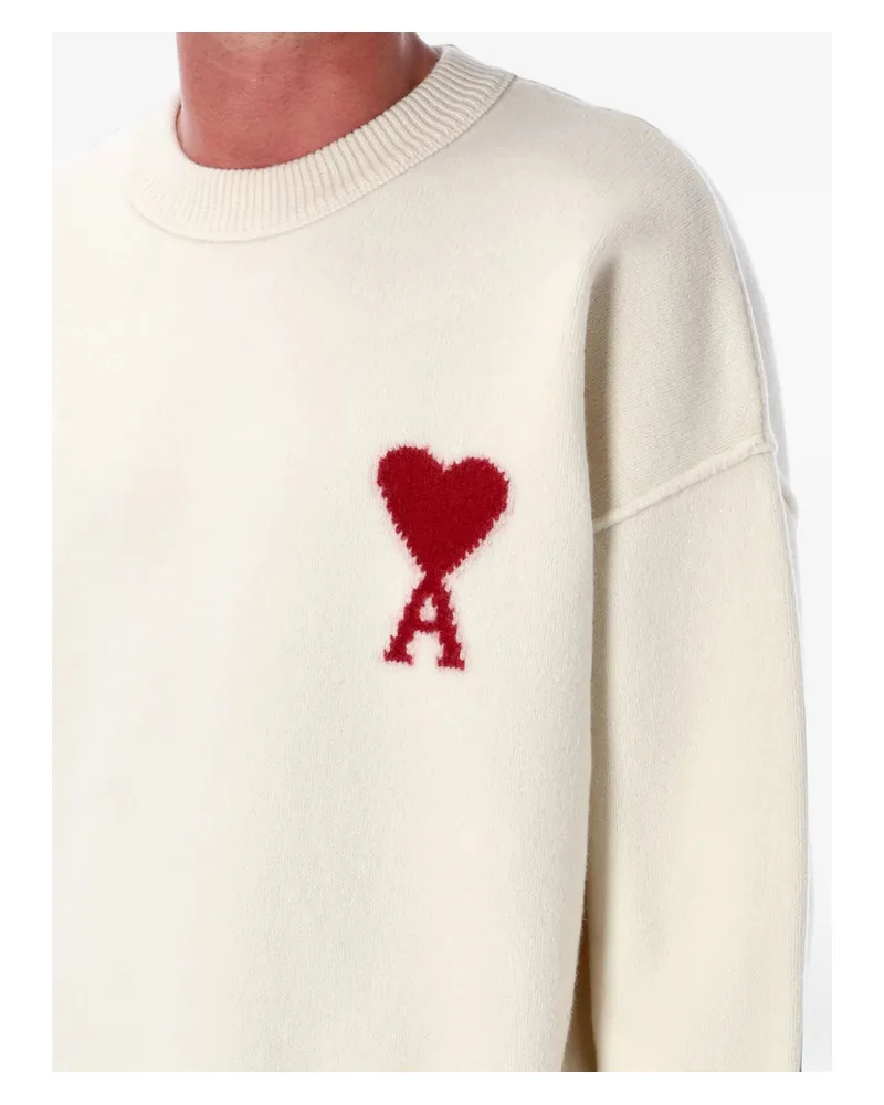 AMI Paris Natural Crewneck Wool Sweater With Ami De Coeur Neutrals