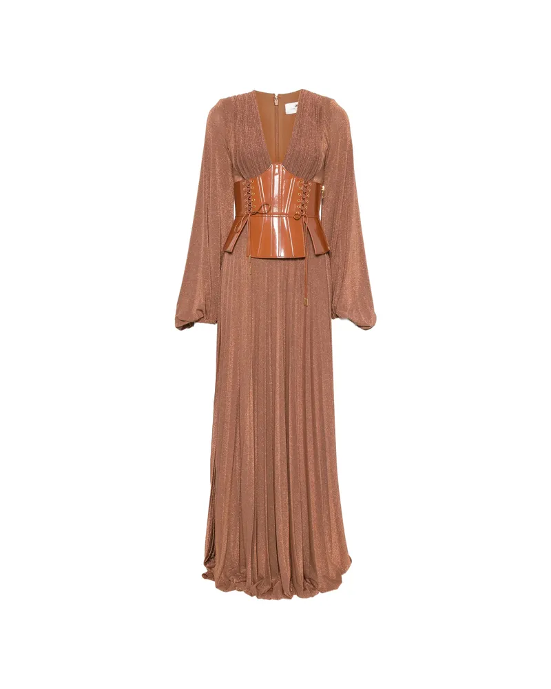 Elisabetta Franchi Pleated Lace-up Maxi Dress Brown