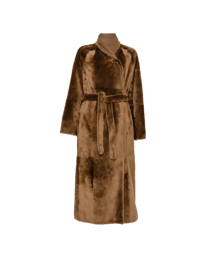 Yves Salomon Belted Reversible Shearling Coat Brown