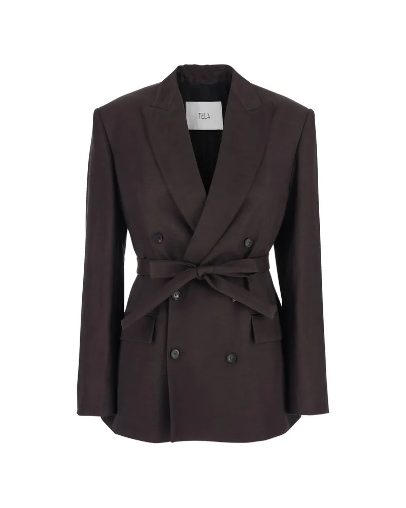 TELA Double-breasted Belted Blazer Brown