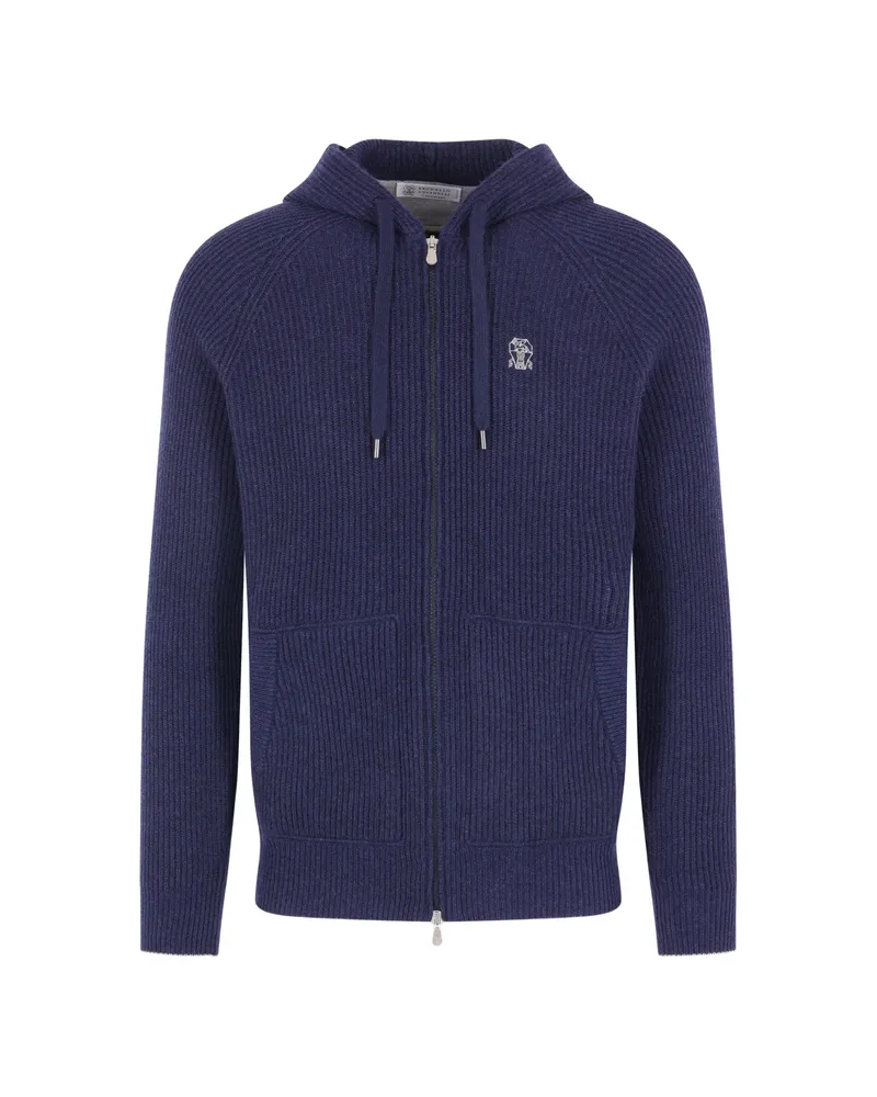 Brunello Cucinelli Ribbed-knit Zip-up Hoodie Blue