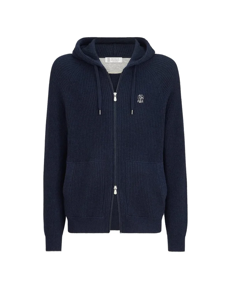 Brunello Cucinelli Cashmere English Rib Knit Hoodie With Logo And Zipper Blue