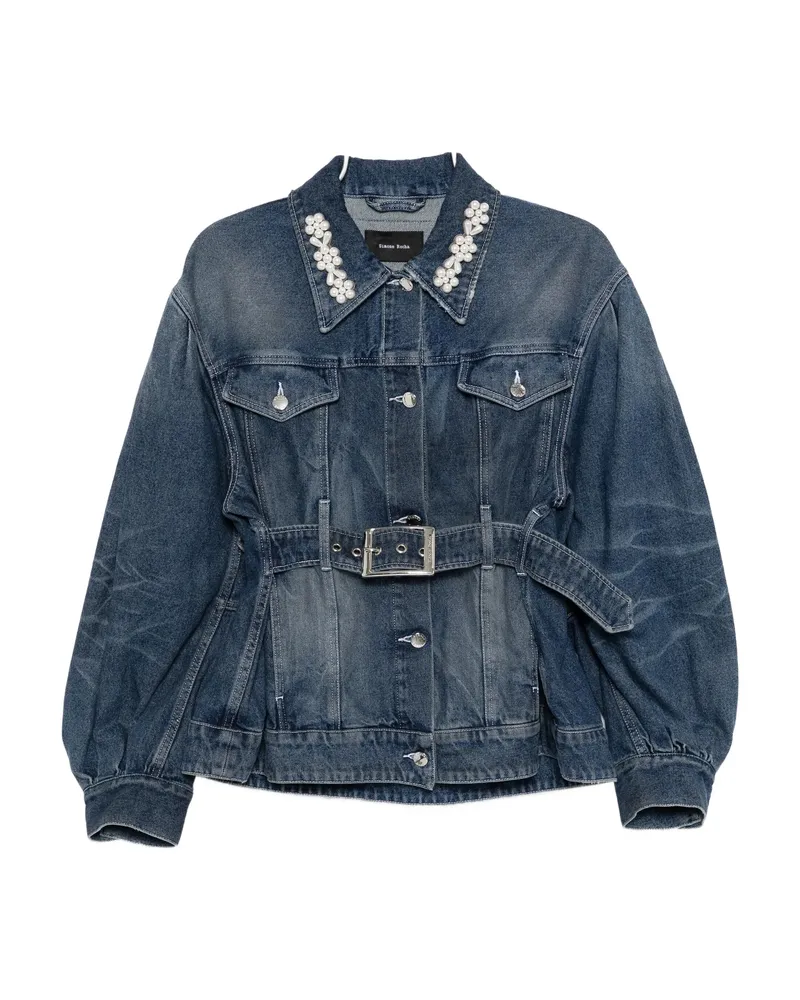 Simone Rocha Pearl-embellished Belted Denim Jacket Blue