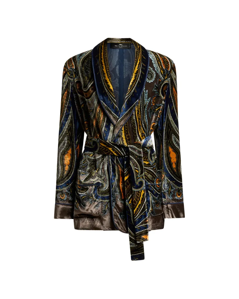 Etro Velvet Jacket With Belt And Paisley Motif Brown