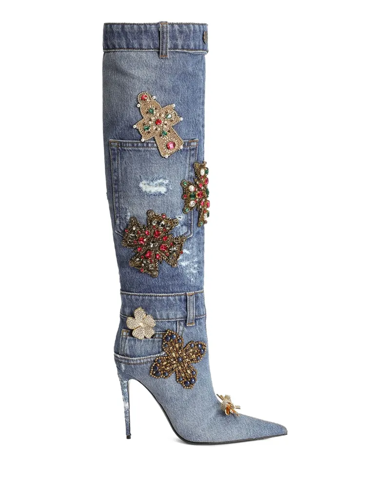 Dolce & Gabbana 105mm Embroidered Patchwork Denim Boots Blue