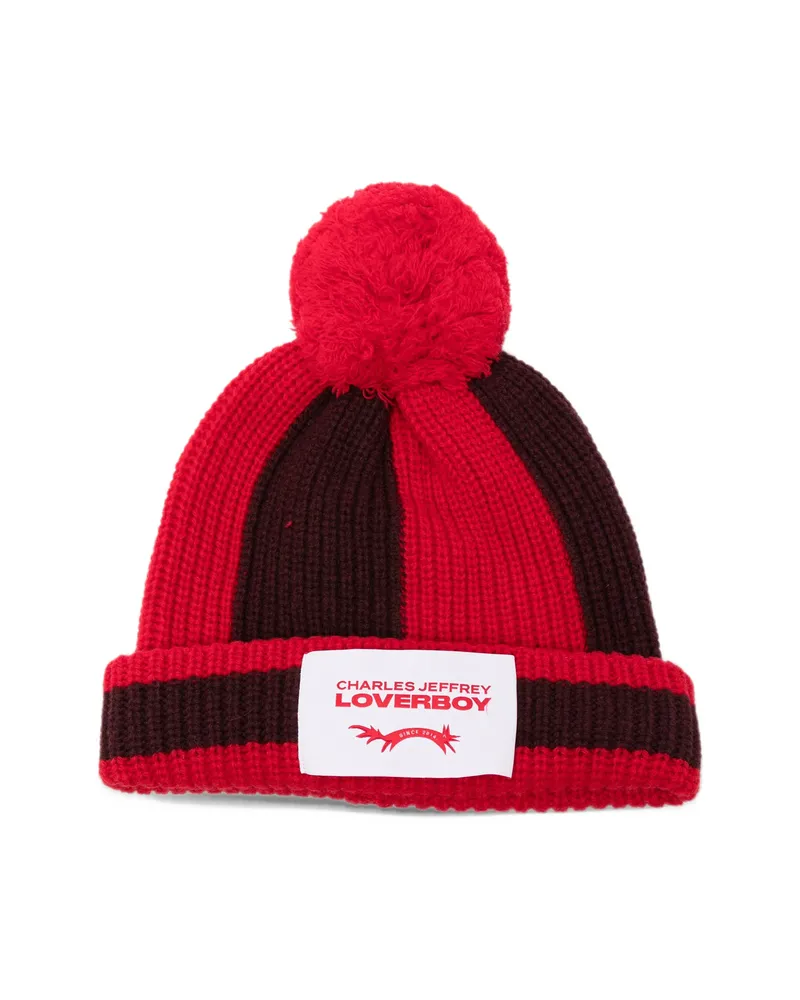 Charles Jeffrey Loverboy Striped Pompom Beanie Hat Red