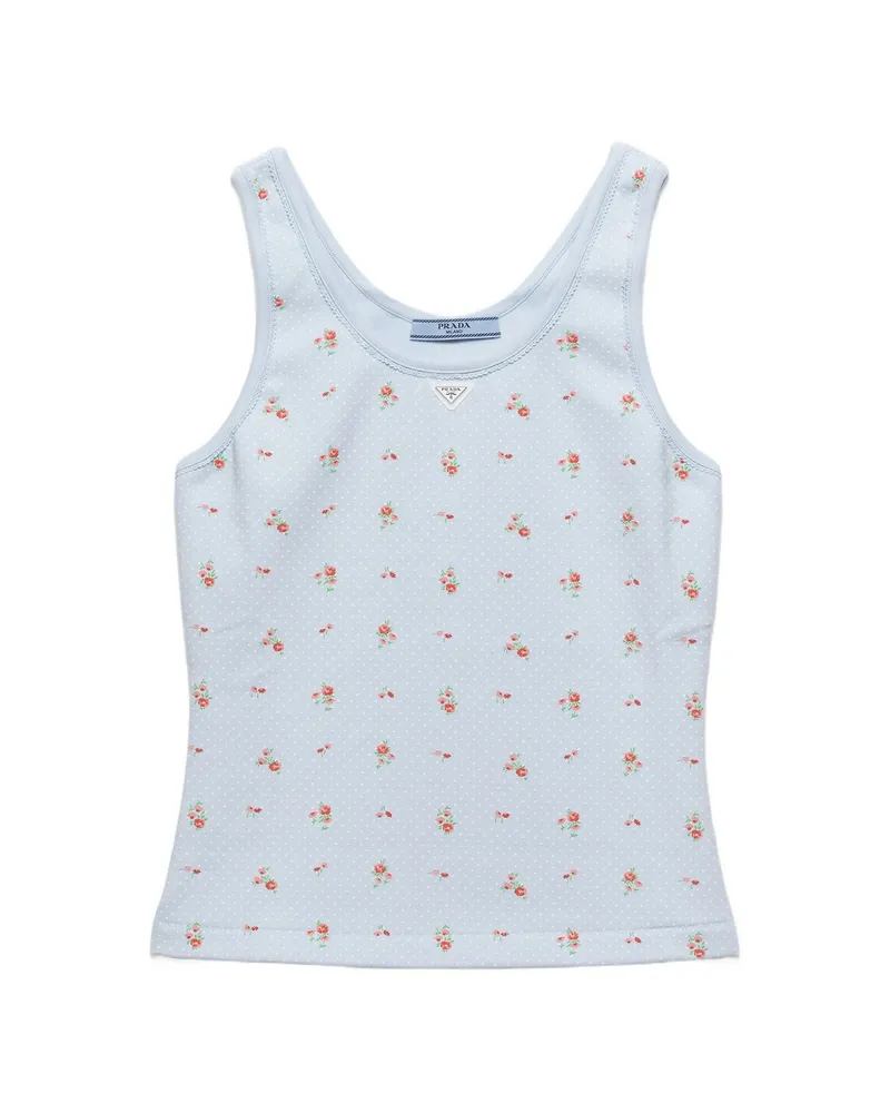 Prada Bouquet Print Ribbed Knit Top Blue