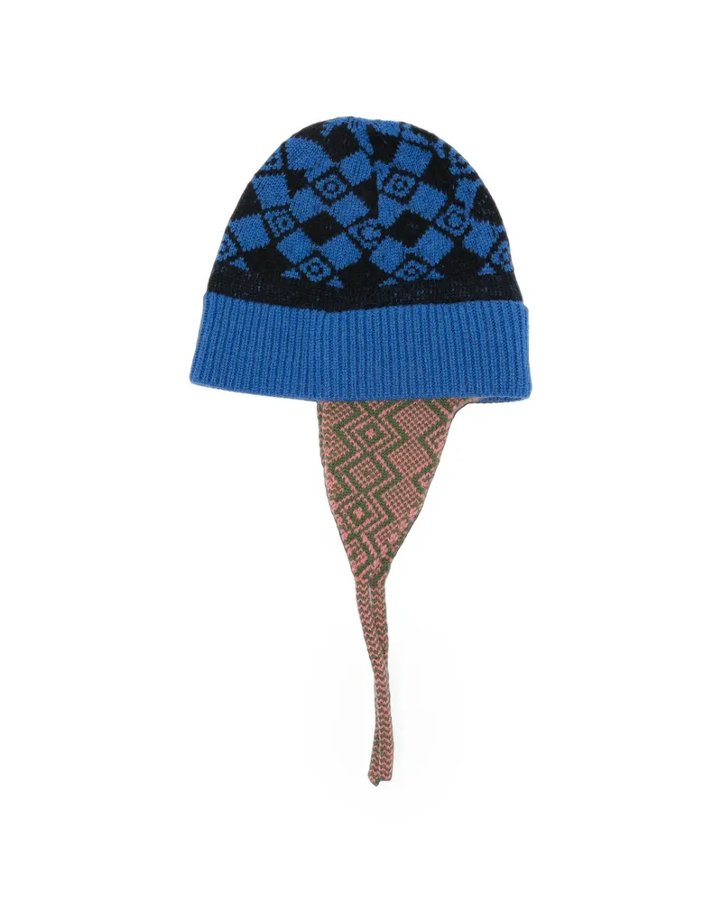 Dries van Noten Geometric-pattern Ear-flap Beanie Hat Blue