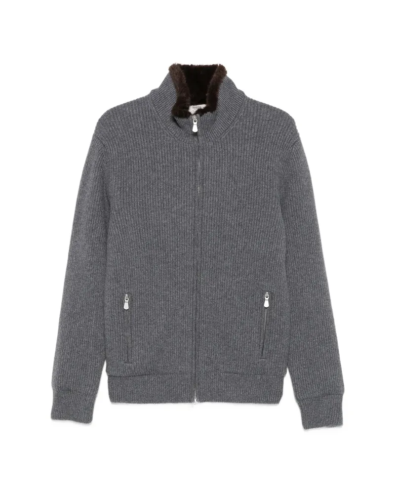 BARBA Fur-trim Ribbed-knit Jacket Grey