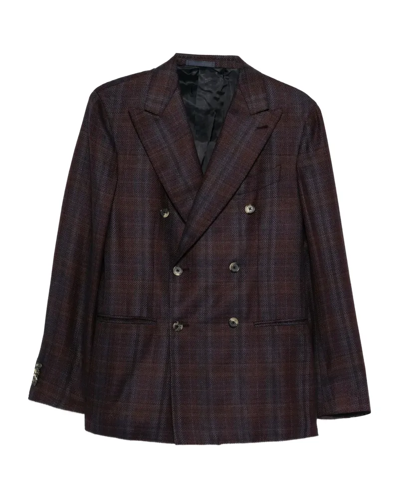 Caruso Double-breasted Checked Jacket Brown