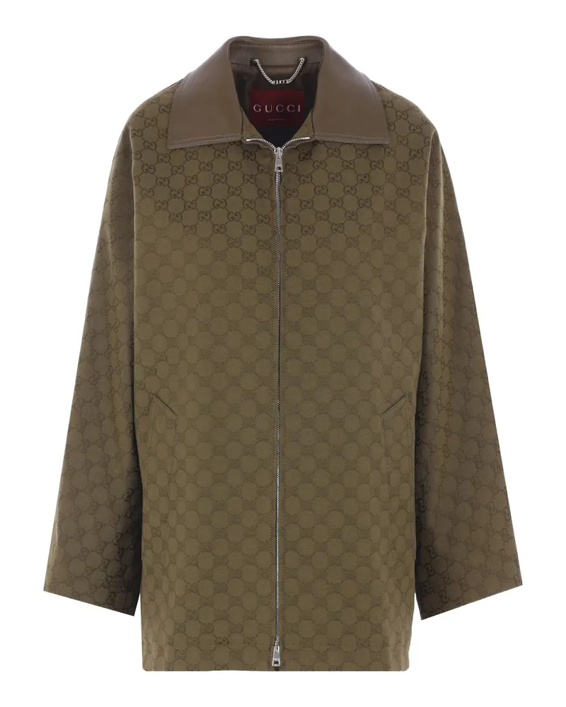 Gucci GG Monogram Leather-collar Coat Green
