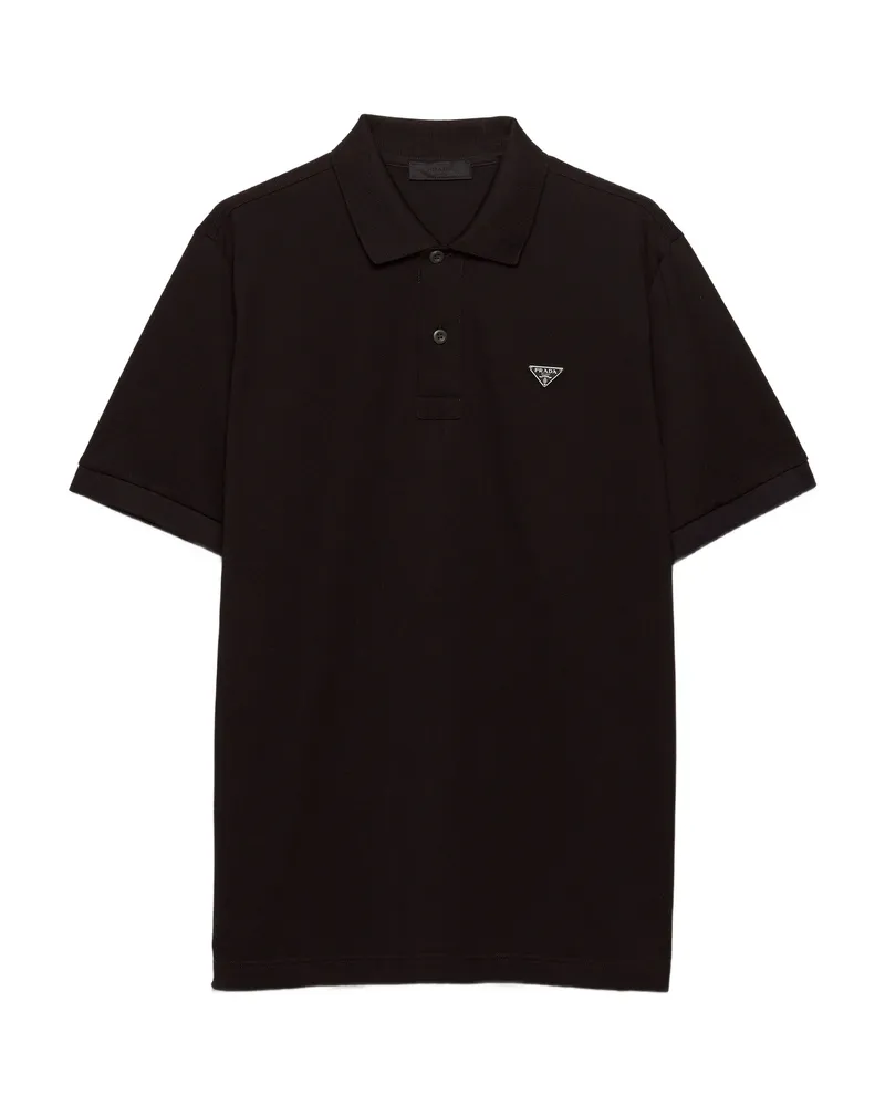 Prada Ribbed Knit Triangle Logo Polo Shirt Black