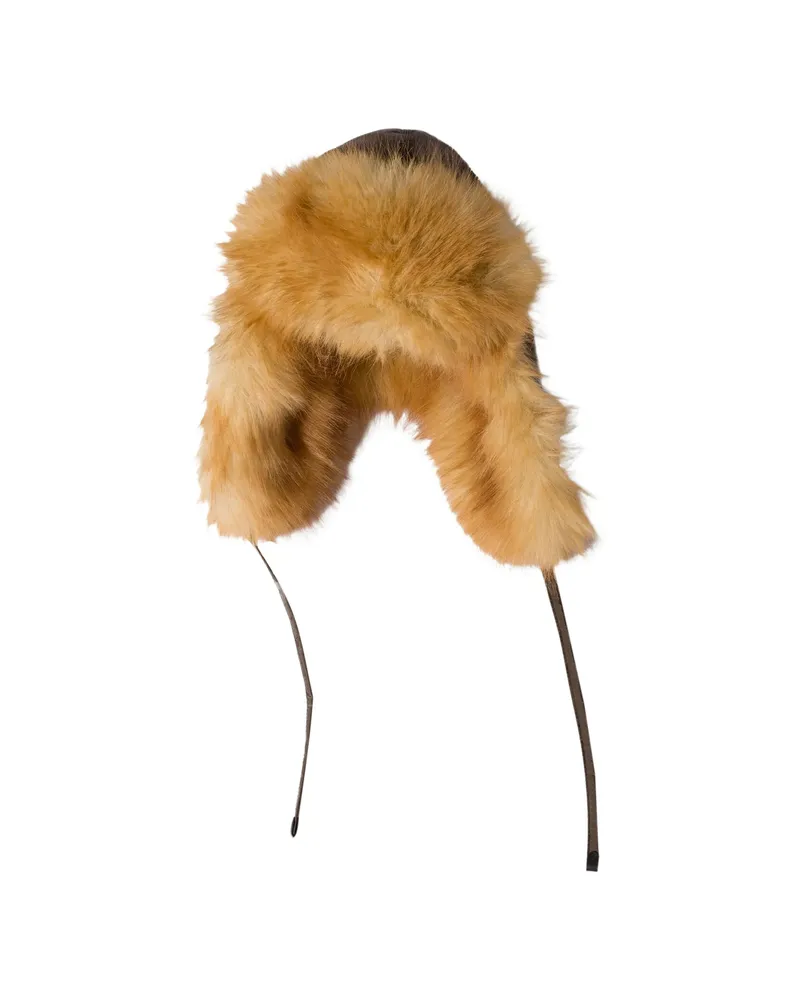 Miu Miu Technical Fabric And Faux Fur Trapper Hat Brown