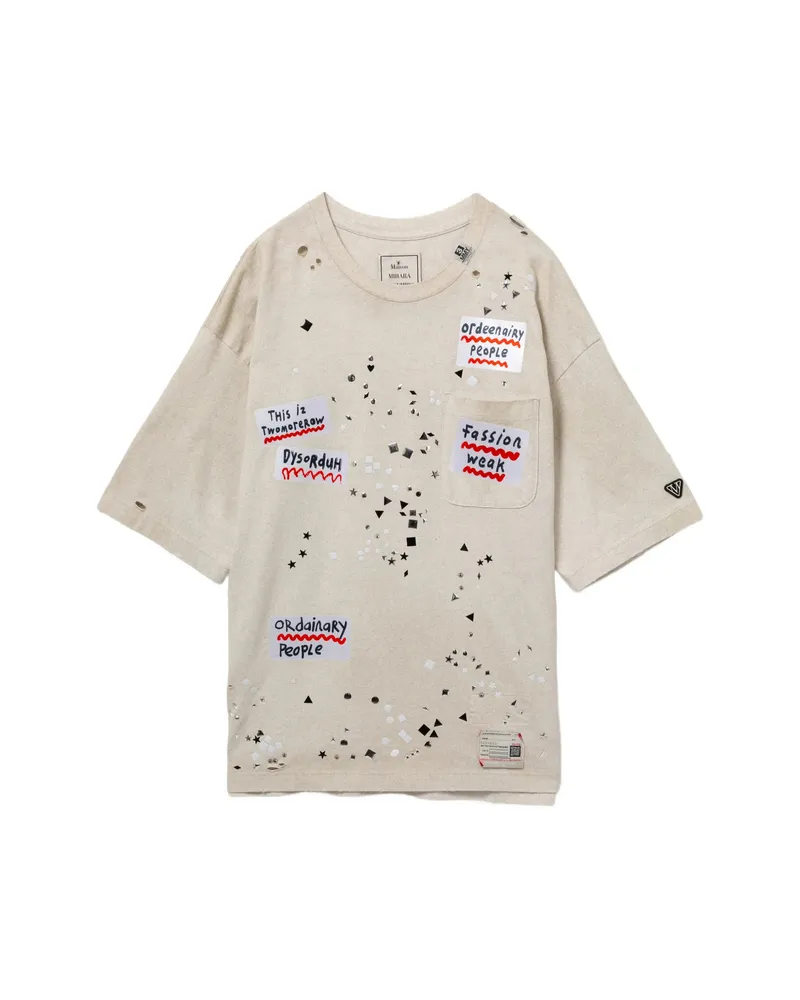 MIHARAYASUHIRO Embellished-sticker T-shirt Neutrals
