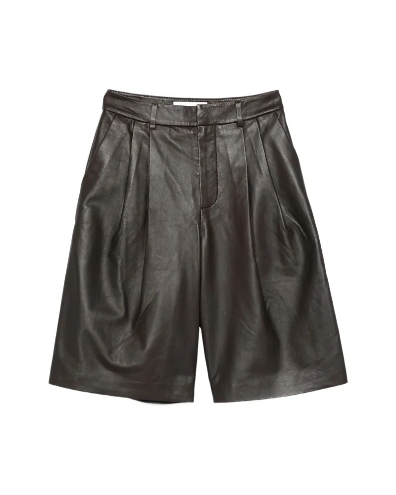 Yves Salomon Pleated Leather Shorts Brown