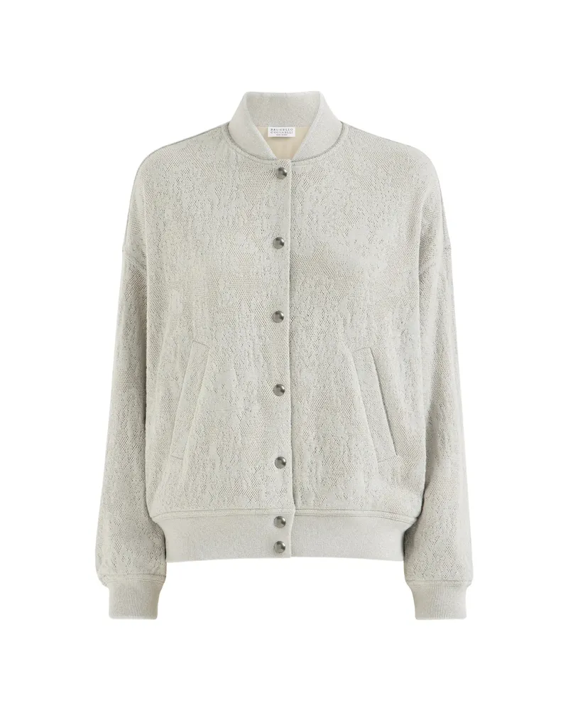 Brunello Cucinelli Lace Flowers Jersey Sweatshirt In Sparkling Virgin Wool And Cashmere With Monili Grey