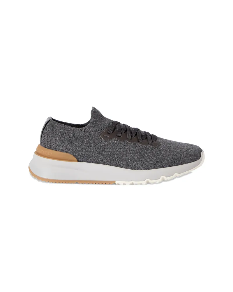 Brunello Cucinelli Cotton Knit And Semi-polished Calfskin Sneakers Grey