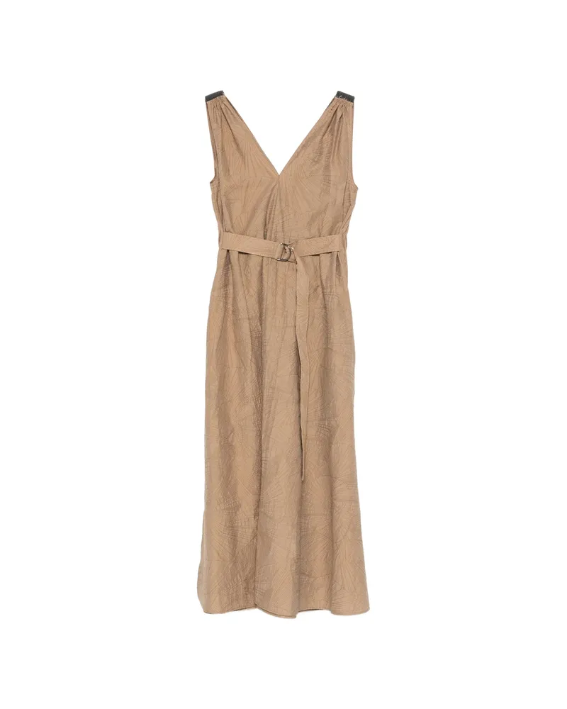 Brunello Cucinelli V-neck Belted Midi Dress Brown