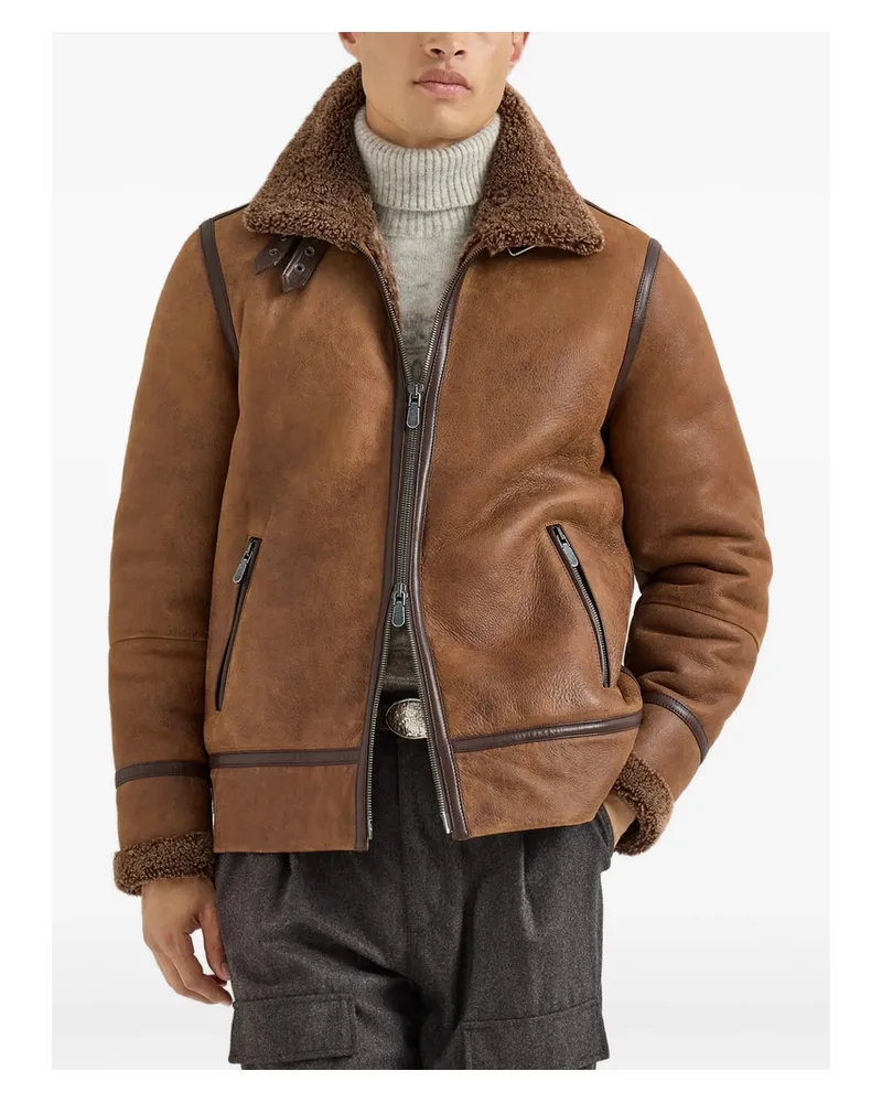 Brunello Cucinelli Shearling Aviator Jacket Brown