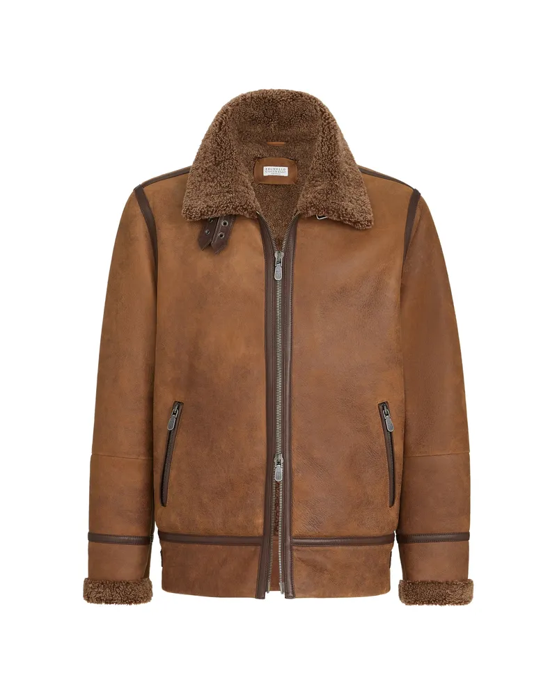 Brunello Cucinelli Shearling Aviator Jacket Brown