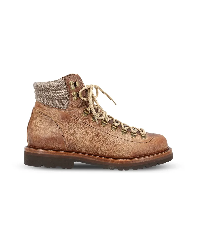 Brunello Cucinelli Grained Calfskin Mountain-style Boots With Wool And Cashmere Insert Brown