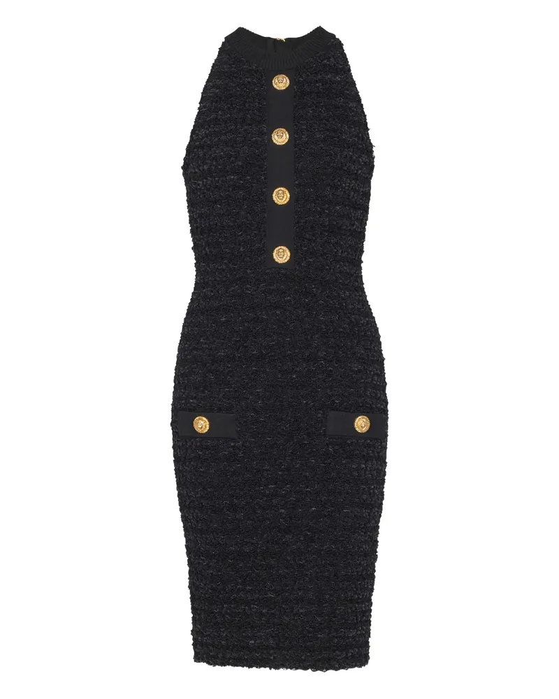 Balmain Buttoned-pocket Tweed Mini Dress Black